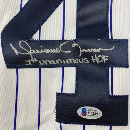 Autographed/Signed Mariano Rivera 1st Unanimous HOF New York Pinstripe Baseball Jersey Beckett BAS COA