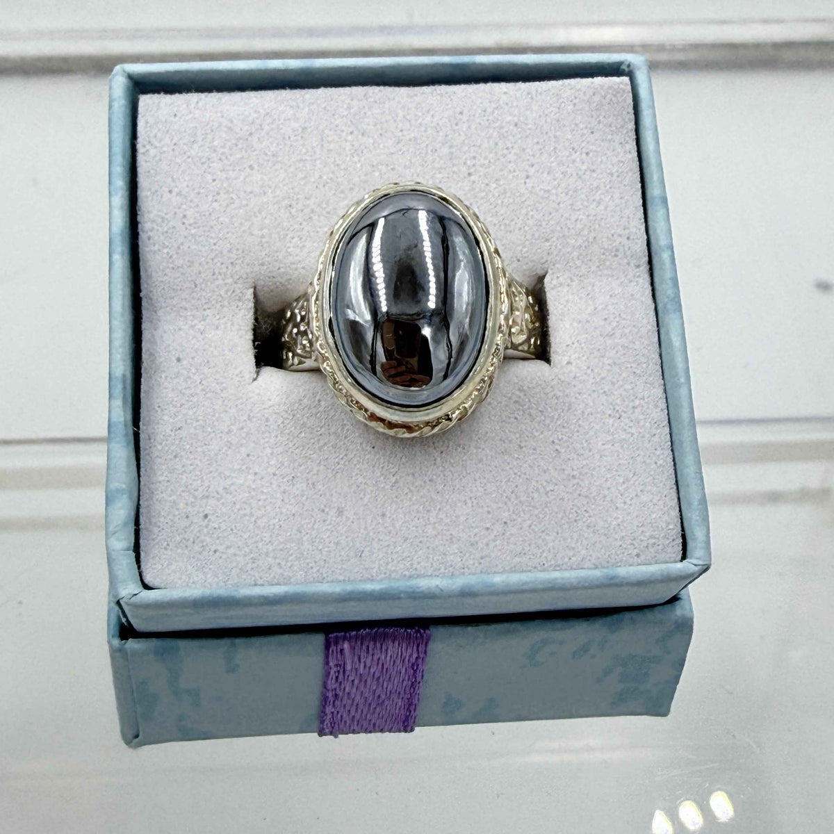 Sterling Silver Ornate Oval Terahertz Ring - Size 6 - Healing, Energizing & Cleansing