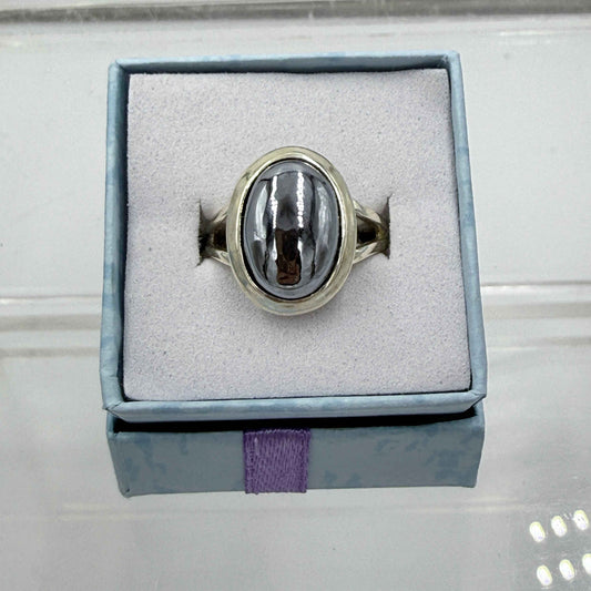 Sterling Silver Split Banded Oval Terahertz Ring - Size 7 - Healing, Energizing & Cleansing