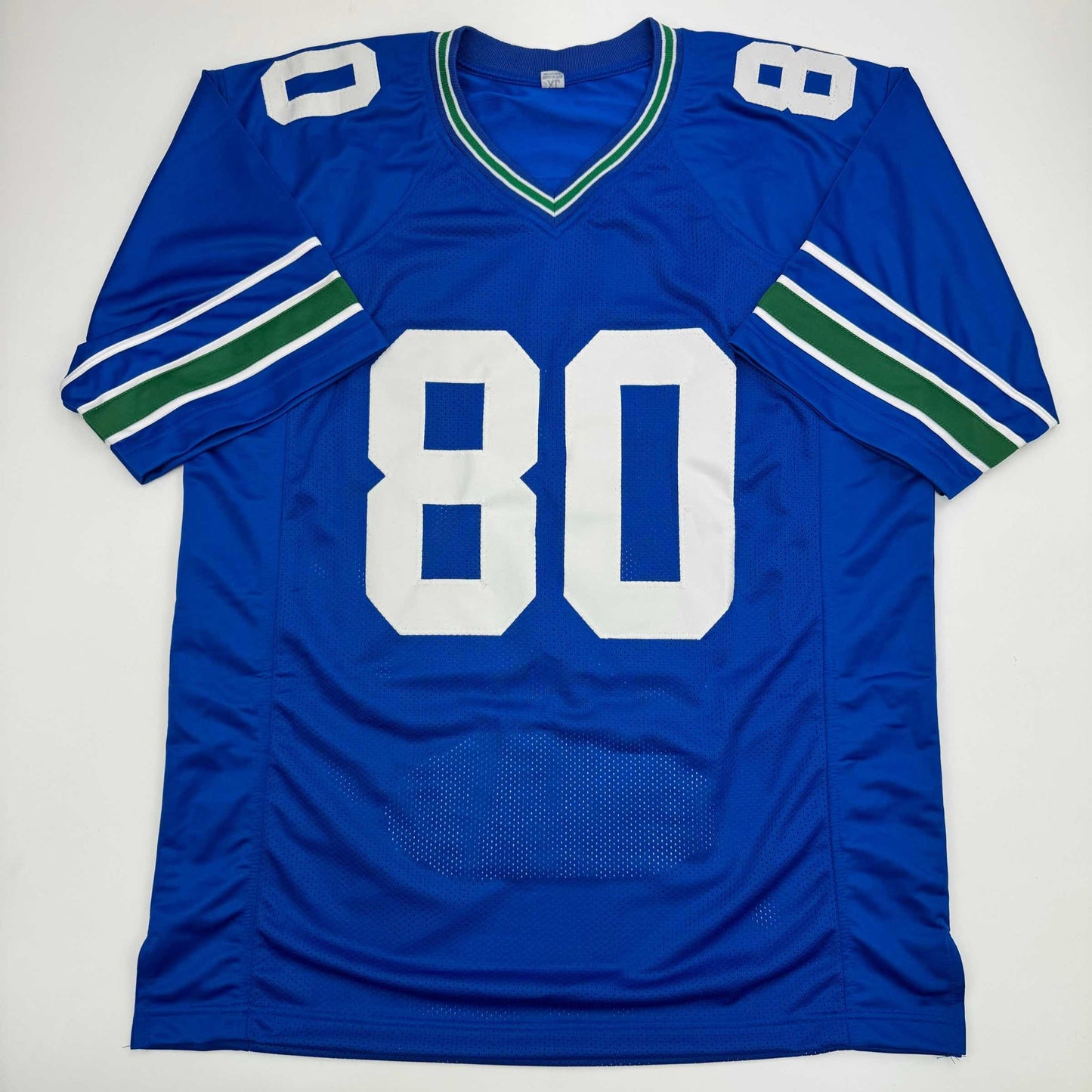 Autographed/Signed Steve Largent HOF 95 Seattle Blue Stat Football Jersey Beckett BAS COA