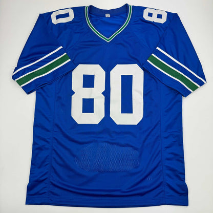 Autographed/Signed Steve Largent HOF 95 Seattle Blue Stat Football Jersey Beckett BAS COA