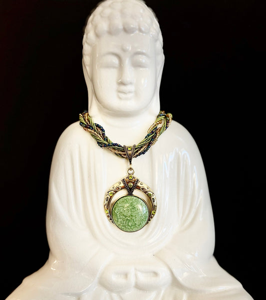Bohemian Green Goddess Necklace | Handmade Vintage-Inspired Beaded Statement Pendant