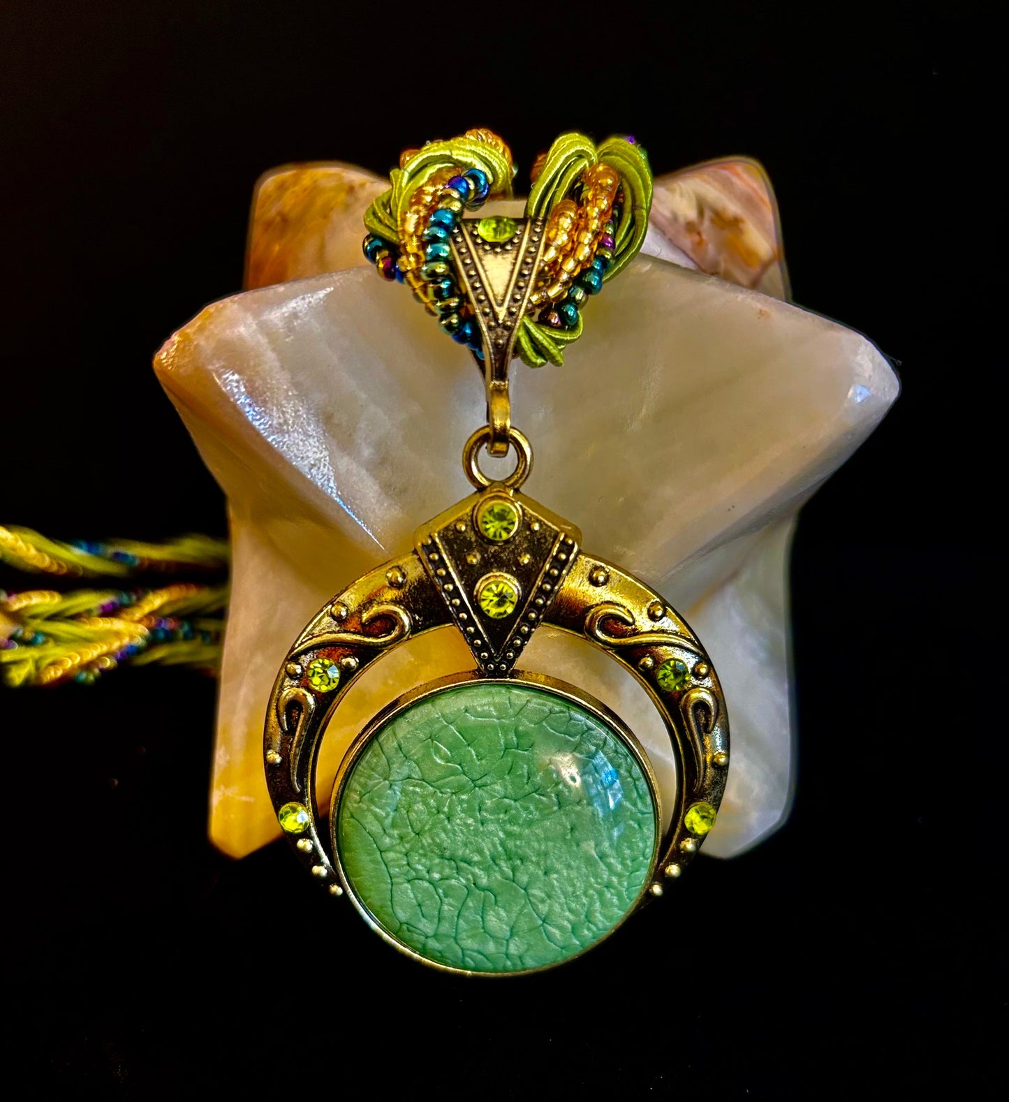 Bohemian Green Goddess Necklace | Handmade Vintage-Inspired Beaded Statement Pendant