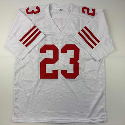 Autographed/Signed Christian McCaffrey San Francisco White Football Jersey JSA COA