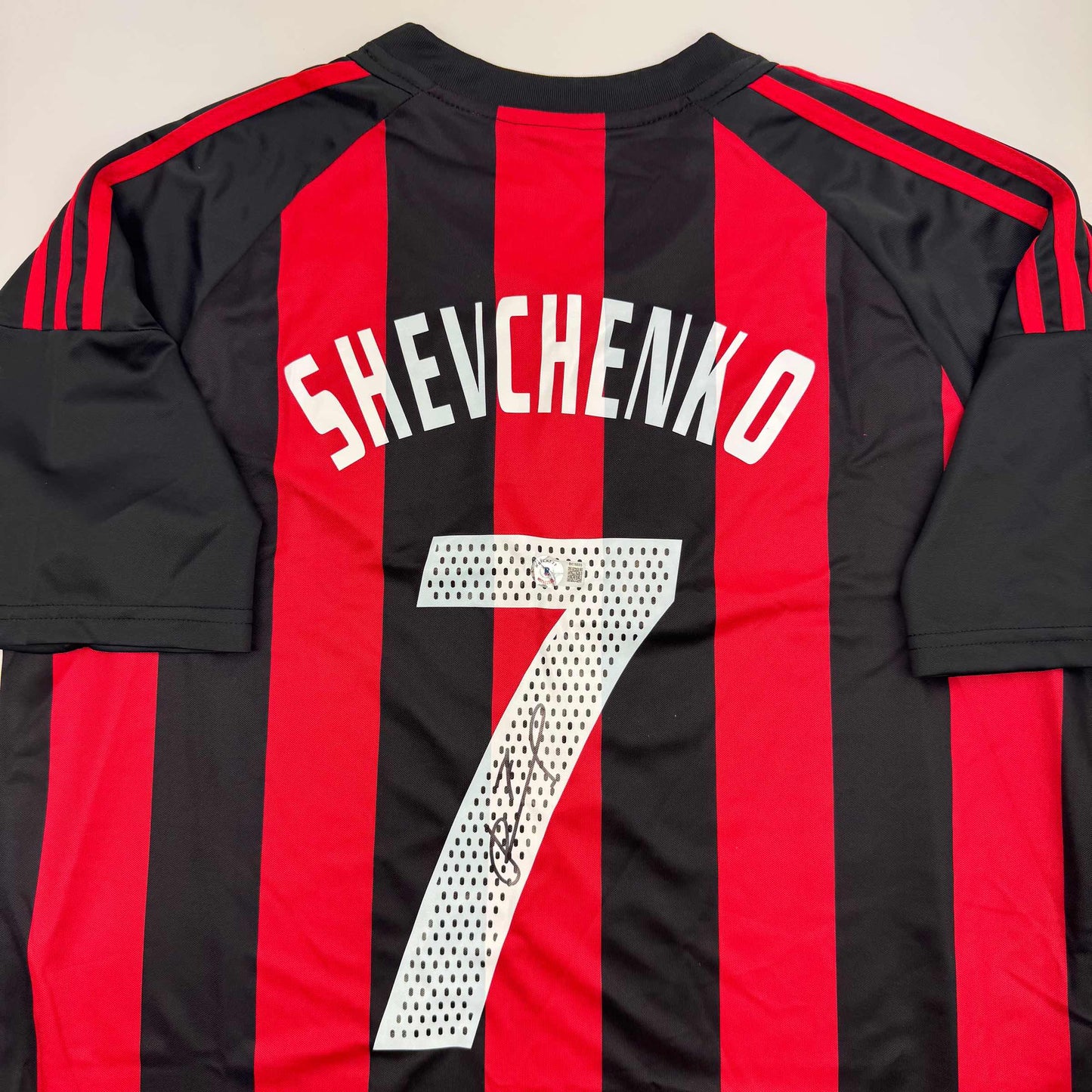 Autographed/Signed Andriy Shevchenko AC Milan Red/Black Soccer Futbol Jersey Beckett BAS COA