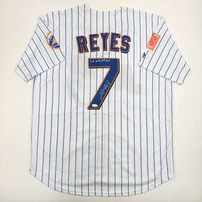 Autographed/Signed Jose Reyes New York Pinstripe Baseball Jersey JSA COA