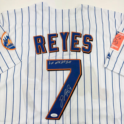 Autographed/Signed Jose Reyes New York Pinstripe Baseball Jersey JSA COA