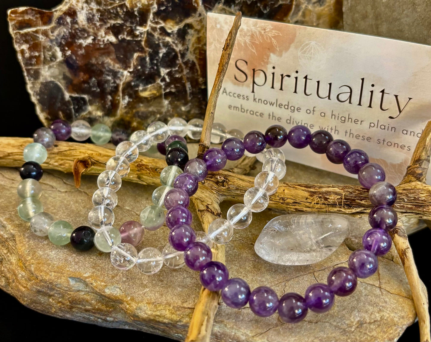 Intentions Bracelet Set – Spirituality (Clear Quartz, Amethyst & Fluorite)