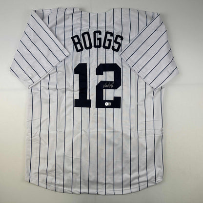 Autographed/Signed Wade Boggs New York Pinstripe Baseball Jersey Beckett BAS COA