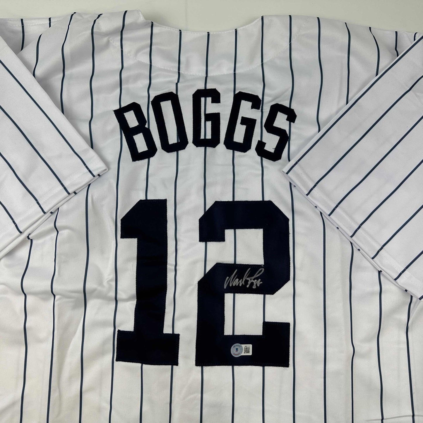 Autographed/Signed Wade Boggs New York Pinstripe Baseball Jersey Beckett BAS COA