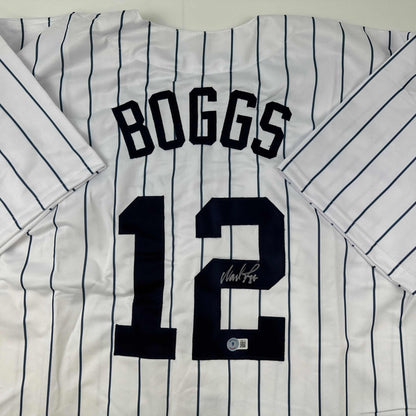 Autographed/Signed Wade Boggs New York Pinstripe Baseball Jersey Beckett BAS COA