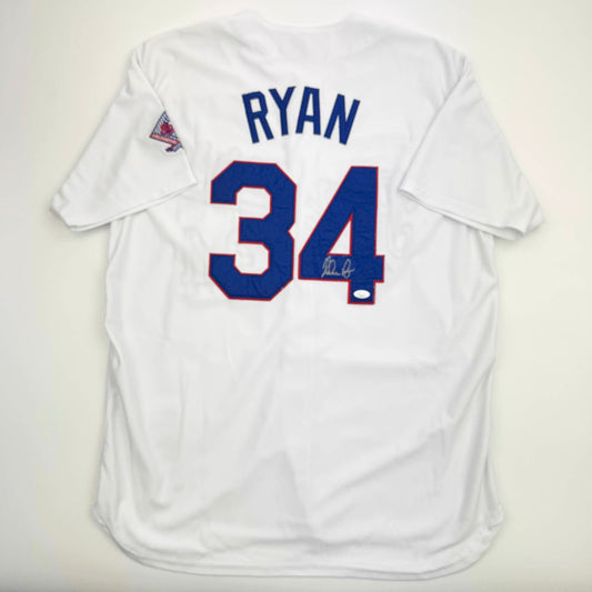 Autographed/Signed Nolan Ryan Texas Rangers White Baseball Jersey JSA COA