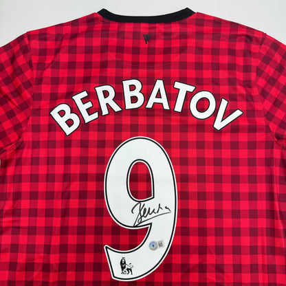 Autographed/Signed Dimitar Berbatov Manchester United Red Checkered Soccer Jersey Beckett BAS COA