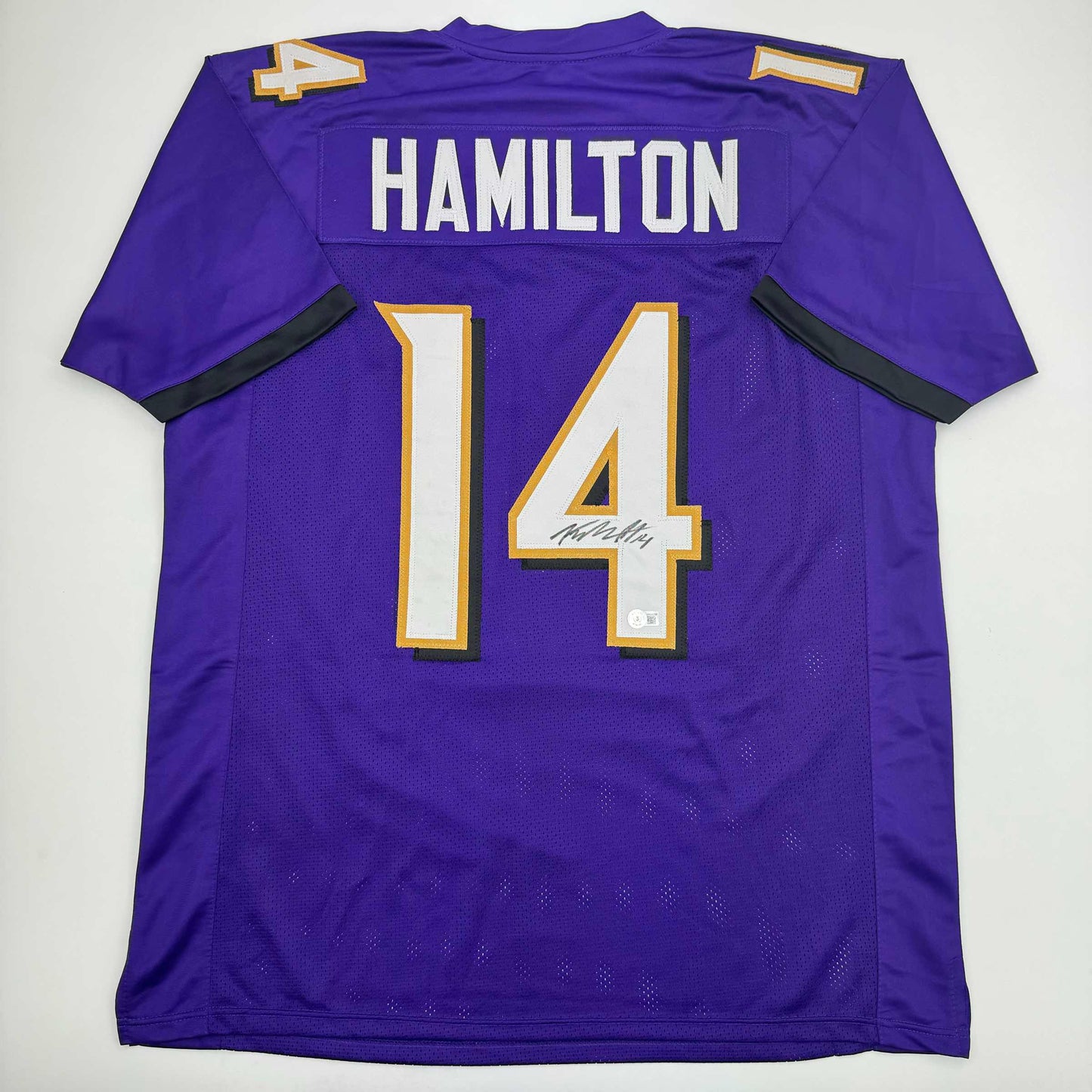 Autographed/Signed Kyle Hamilton Baltimore Purple Football Jersey Beckett BAS COA