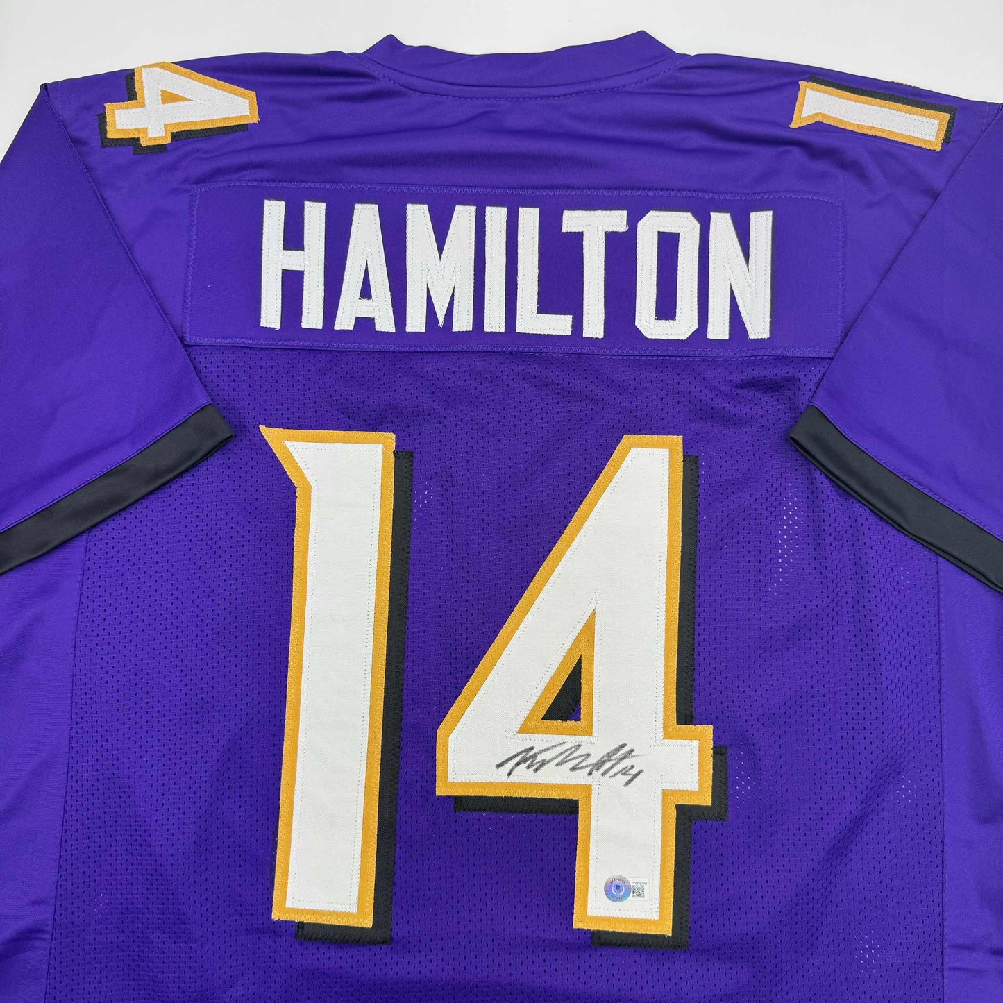 Autographed/Signed Kyle Hamilton Baltimore Purple Football Jersey Beckett BAS COA