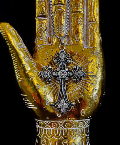 The Material Girl - Vintage Crystal Cross Pendant Necklace – Ornate Silver Tone