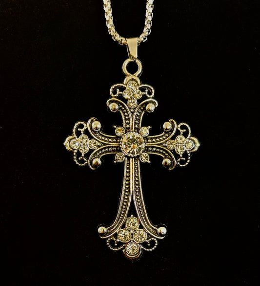 The Material Girl - Vintage Crystal Cross Pendant Necklace – Ornate Silver Tone