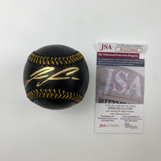 Autographed/Signed Ronald Acuna Jr. Black Rawlings Official Major League ROML Baseball JSA COA