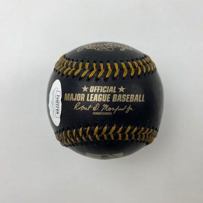 Autographed/Signed Ronald Acuna Jr. Black Rawlings Official Major League ROML Baseball JSA COA