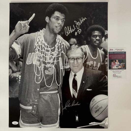 Autographed/Signed John Wooden & Kareem Abdul-Jabbar UCLA Bruins 16x20 College Basketball Photo JSA COA