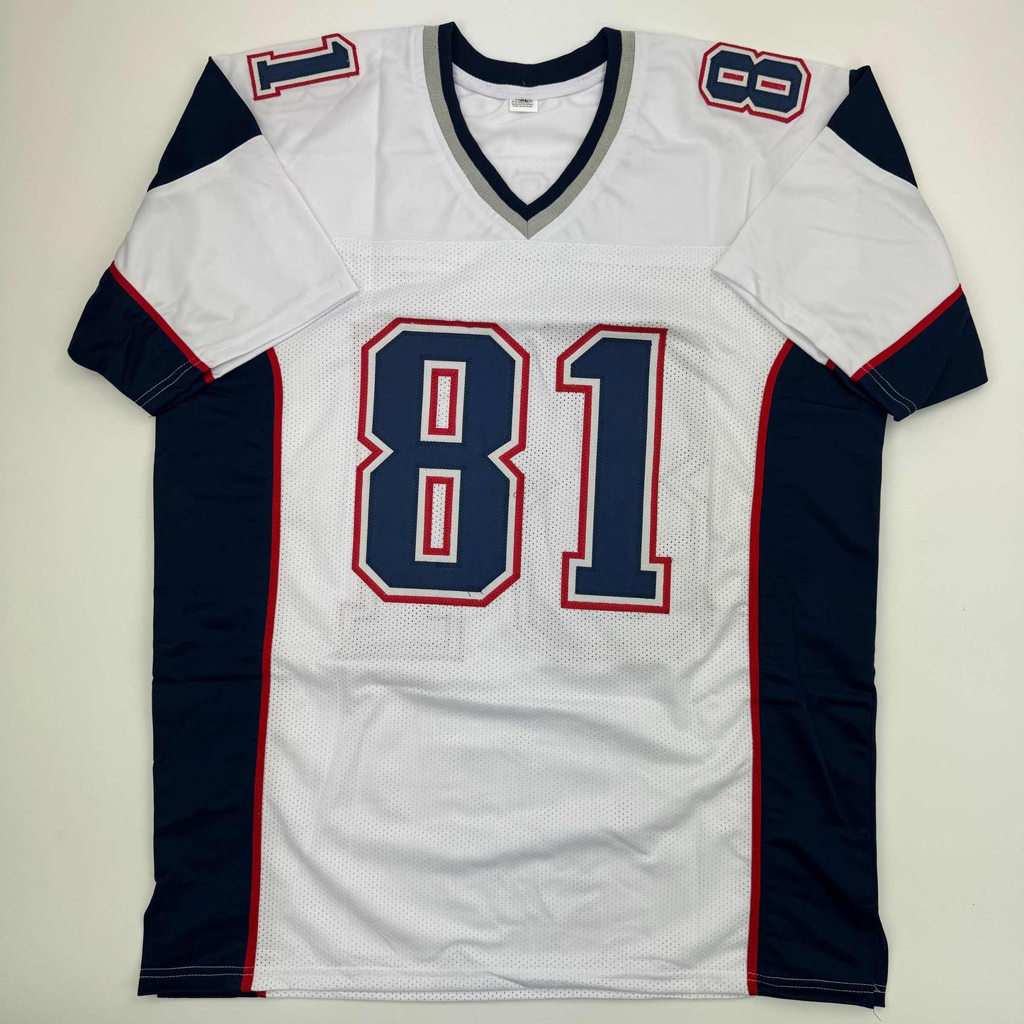 Autographed/Signed Randy Moss New England White Football Jersey Beckett BAS COA