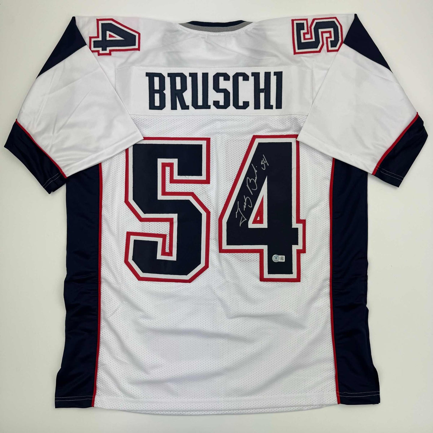 Autographed/Signed Tedy Bruschi New England White Football Jersey Beckett BAS COA
