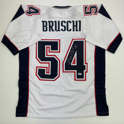Autographed/Signed Tedy Bruschi New England White Football Jersey Beckett BAS COA