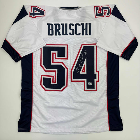 Autographed/Signed Tedy Bruschi New England White Football Jersey Beckett BAS COA
