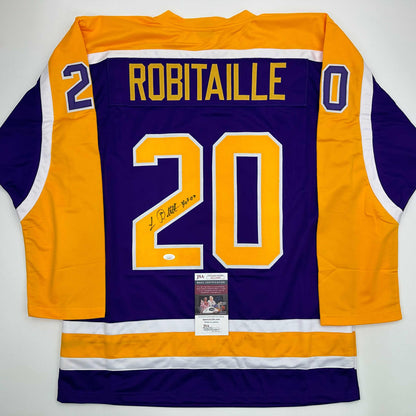 Autographed/Signed Luc Robitaille HOF 09 Los Angeles LA Purple Hockey Jersey JSA COA