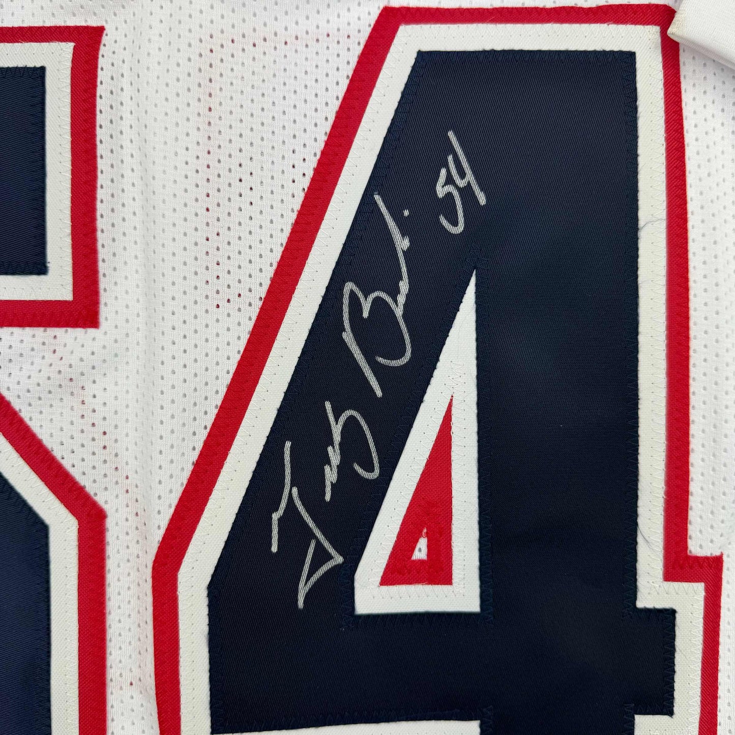 Framed Autographed/Signed Tedy Bruschi 35x39 New England White Football Jersey Beckett BAS COA