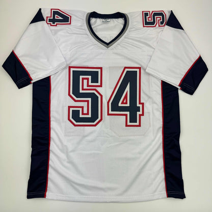 Autographed/Signed Tedy Bruschi New England White Football Jersey Beckett BAS COA