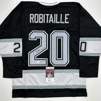 Autographed/Signed Luc Robitaille HOF 09 Los Angeles LA Black Hockey Jersey JSA COA