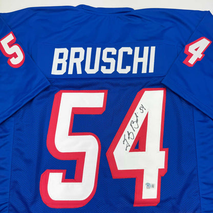 Autographed/Signed Tedy Bruschi New England Retro Blue Football Jersey Beckett BAS COA