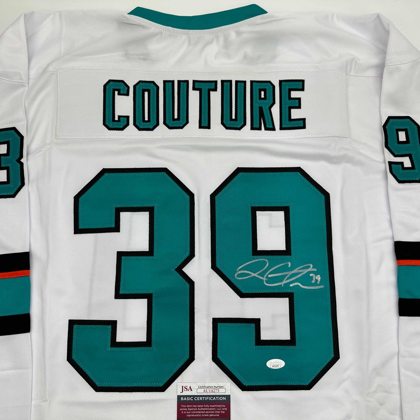 Autographed/Signed Logan Couture San Jose White Hockey Jersey JSA COA