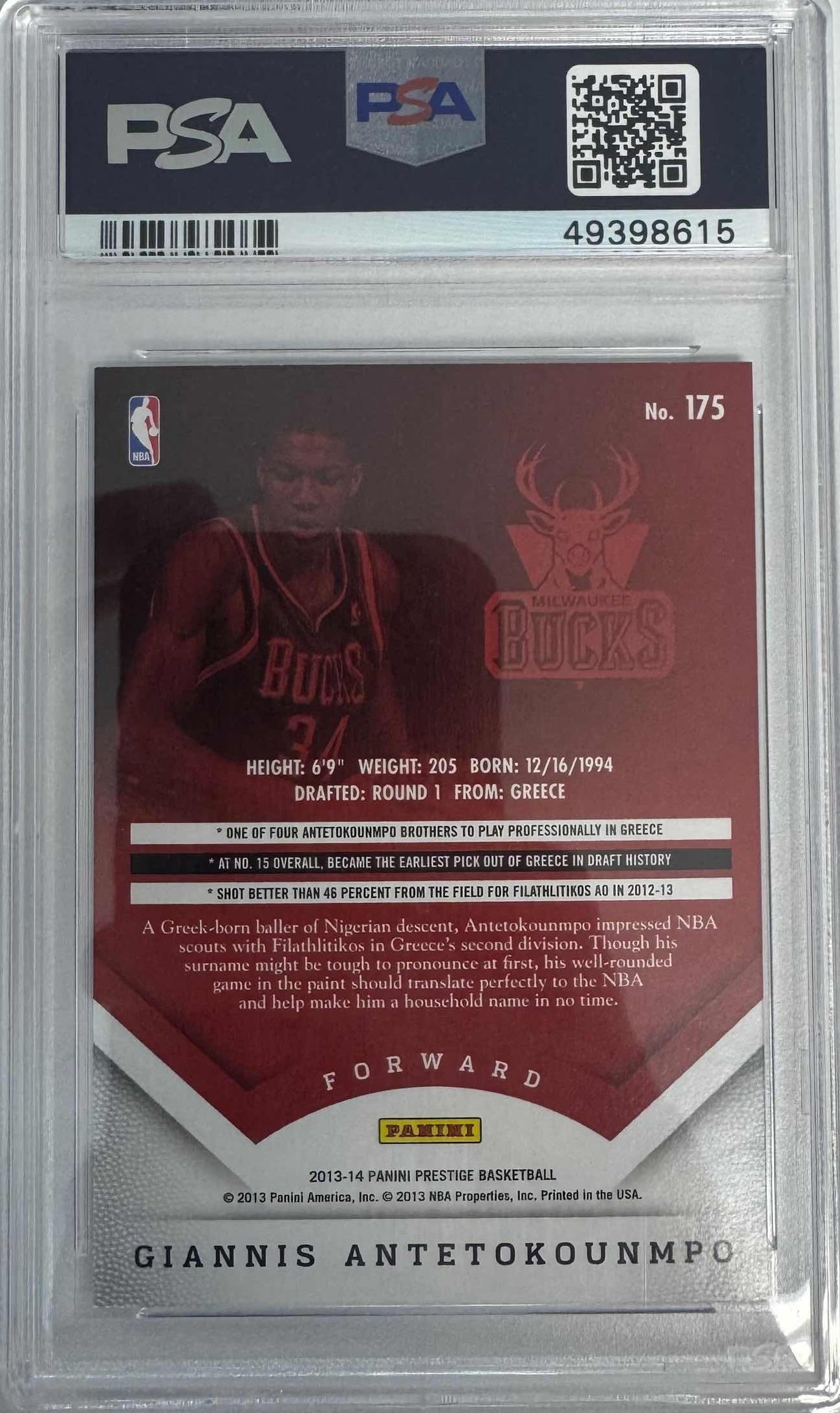 Graded 2013 Panini Prestige Giannis Antetokounmpo #175 Rookie RC Basketball Card PSA 10 Gem Mint
