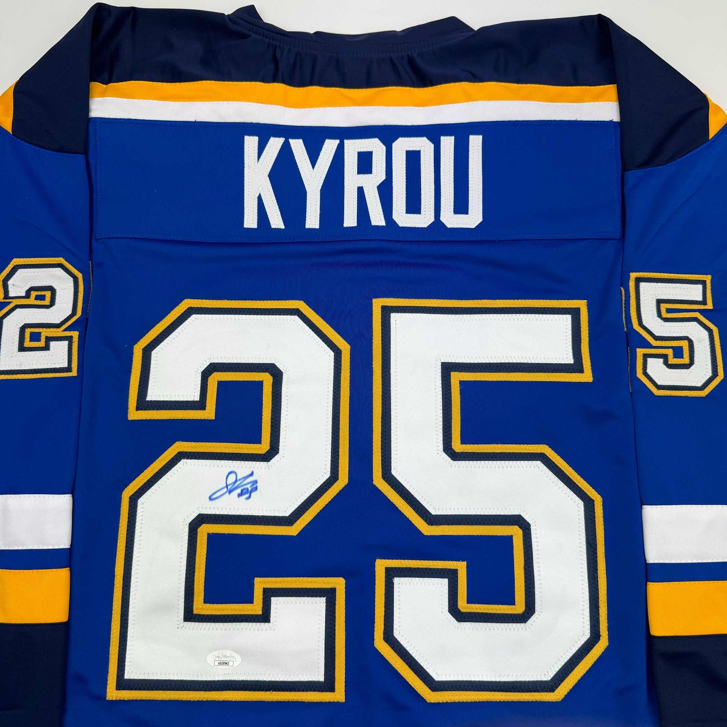 Autographed/Signed Jordan Kyrou St. Louis Blue Hockey Jersey JSA COA