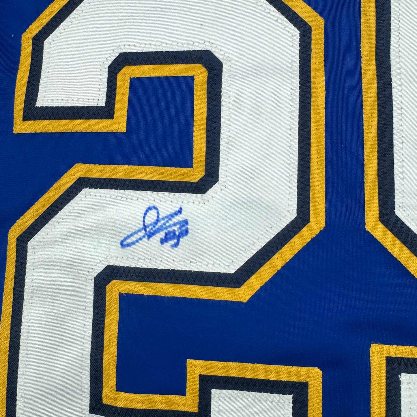 Framed Autographed/Signed Jordan Kyrou 35x39 St. Louis Blue Hockey Jersey JSA COA