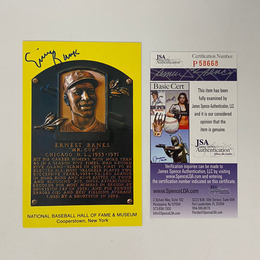 Autographed/Signed Ernie Banks HOF Hall Of Fame Baseball Plaque Postcard JSA COA