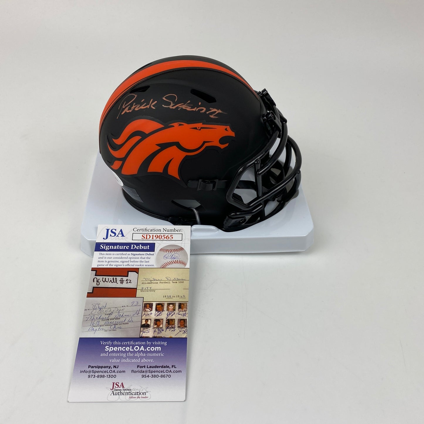 Autographed/Signed Patrick Surtain II Denver Broncos Eclipse Mini Football Helmet JSA COA