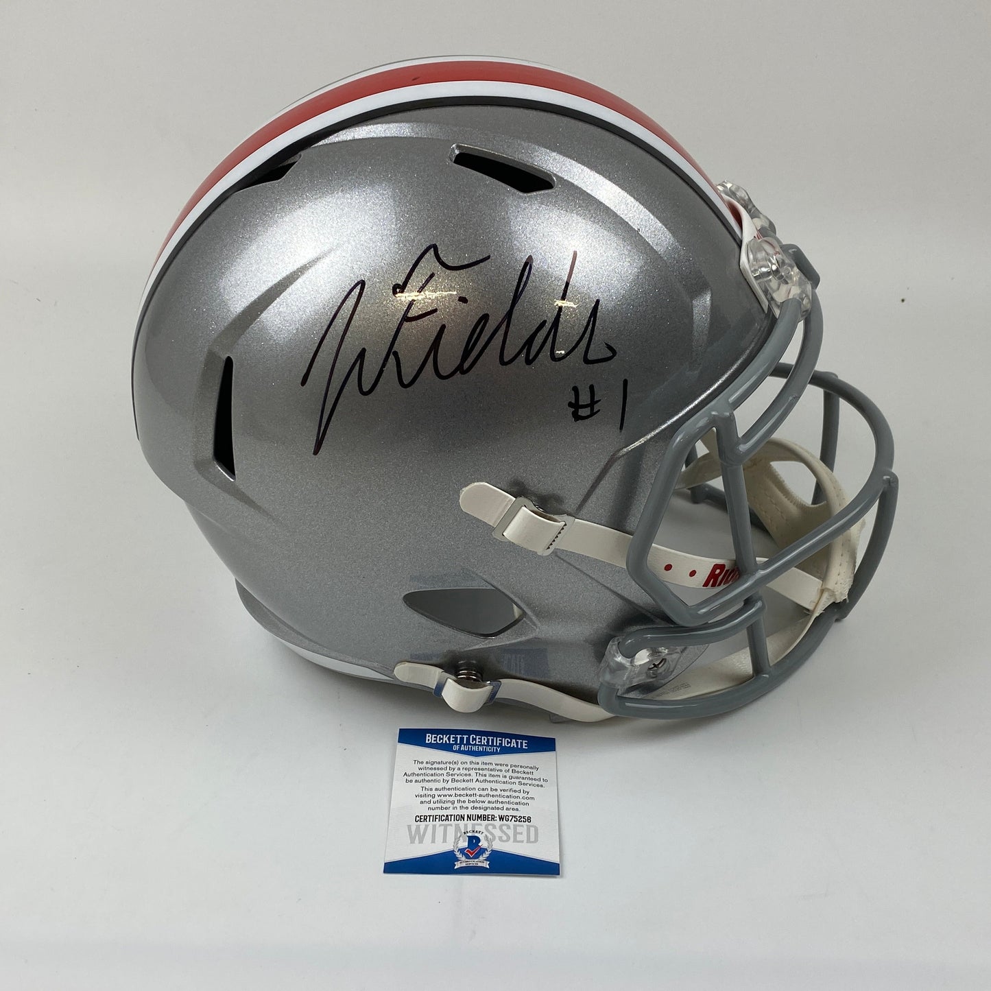 Autographed/Signed Justin Fields Ohio State Buckeyes Full Size FS F/S Replica College Football Helmet Beckett BAS COA