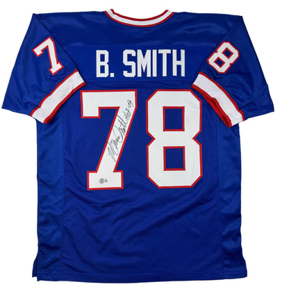 Autographed/Signed Bruce Smith HOF 09 Buffalo Blue Football Jersey Beckett BAS COA