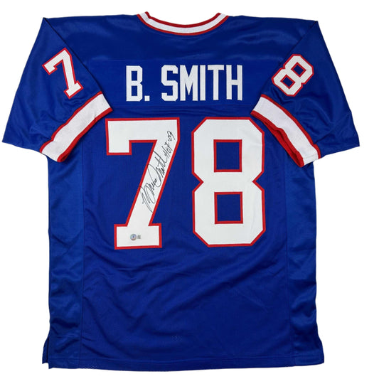 Autographed/Signed Bruce Smith HOF 09 Buffalo Blue Football Jersey Beckett BAS COA