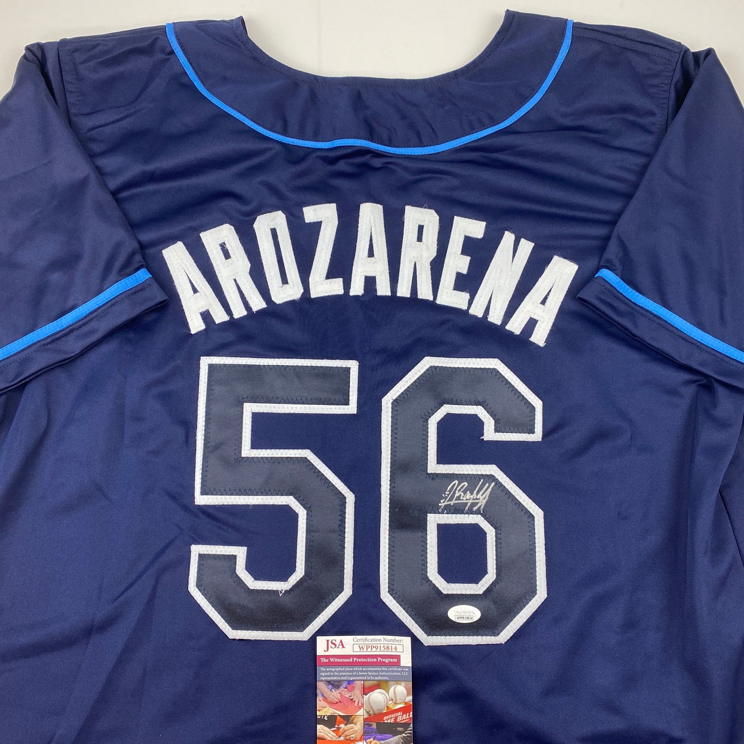 Autographed/Signed Randy Arozarena Tampa Bay Dark Blue Baseball Jersey JSA COA
