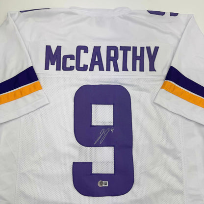 Autographed/Signed J.J. JJ McCarthy Minnesota White Football Jersey Beckett BAS COA