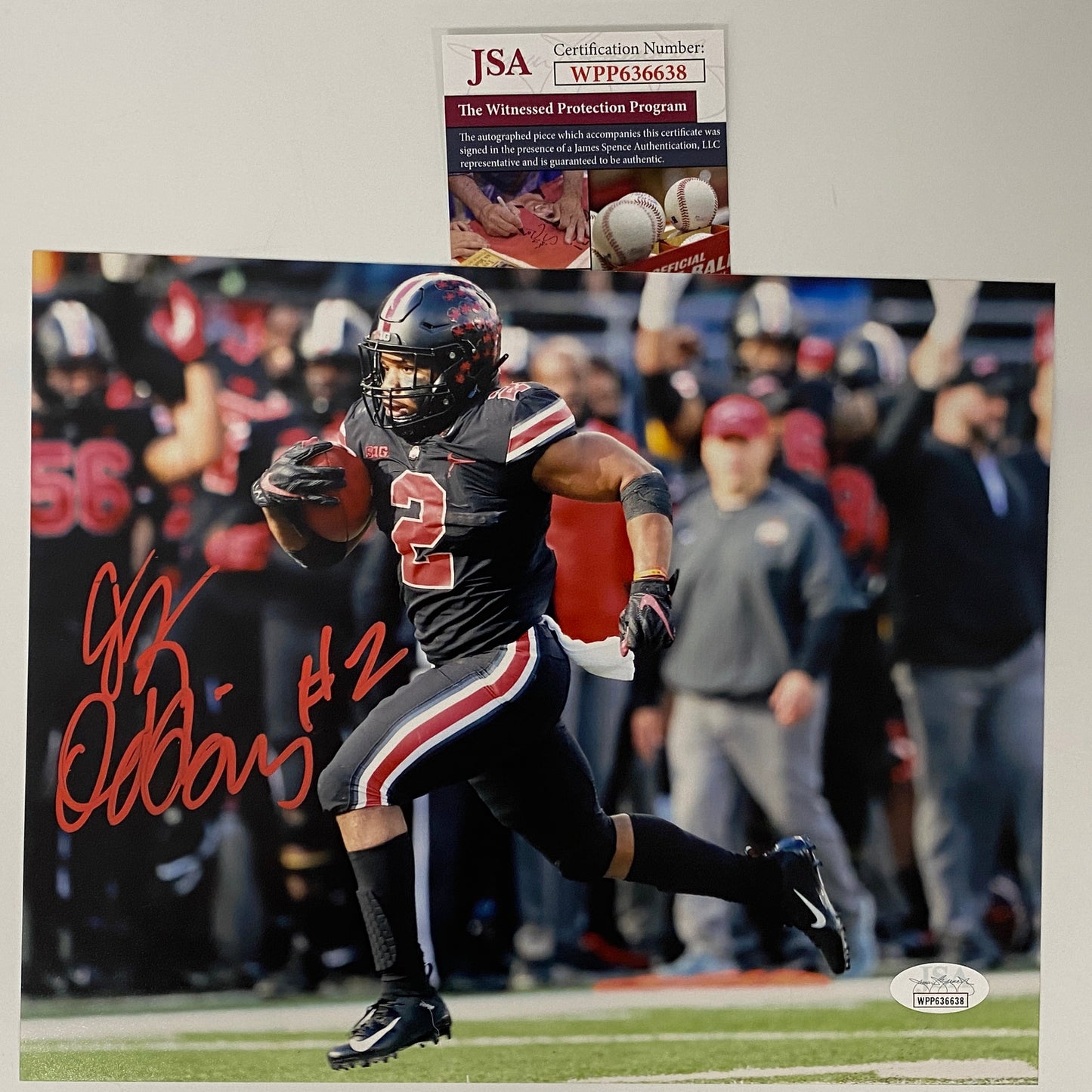 Autographed/Signed JK J.K. Dobbins Ohio State Buckeyes 8x10 College Football Photo JSA COA #7