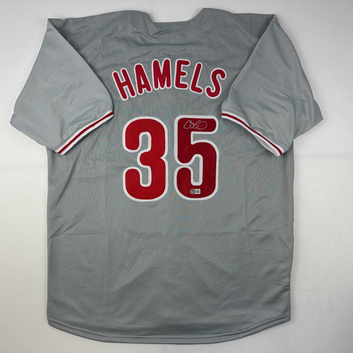 Autographed/Signed Cole Hamels Philadelphia Grey Baseball Jersey Beckett BAS COA