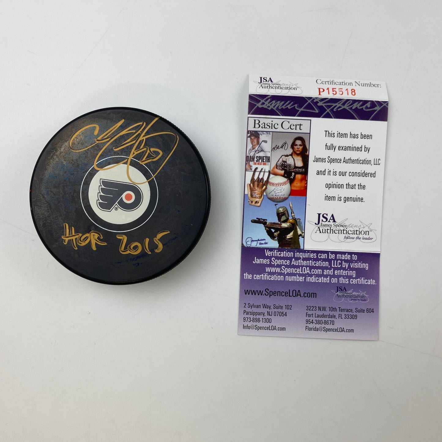Autographed/Signed Chris Pronger HOF 2015 Philadelphia Flyers Logo Hockey Puck JSA COA