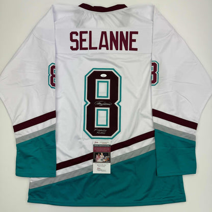 Autographed/Signed Teemu Selanne "Finnish Flash" Anaheim White Retro Hockey Jersey JSA COA