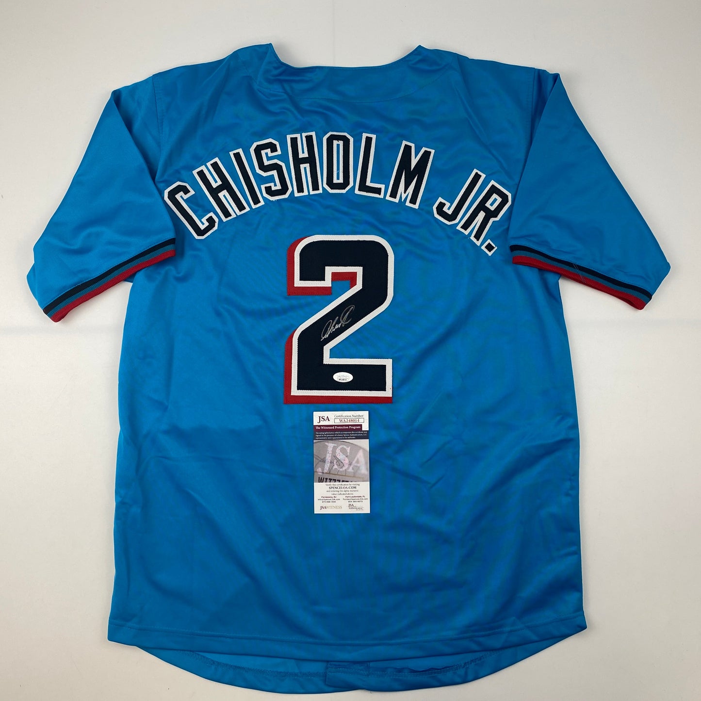 Autographed/Signed Jazz Chisholm Jr. Miami Blue Baseball Jersey JSA COA