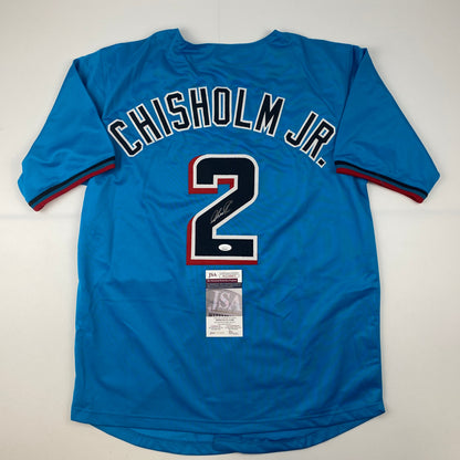 Autographed/Signed Jazz Chisholm Jr. Miami Blue Baseball Jersey JSA COA